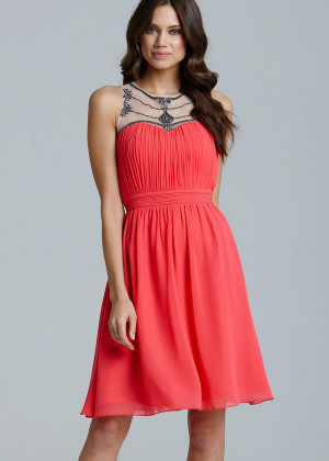 Coral Chiffon Jewel Neckline Short Prom Dress